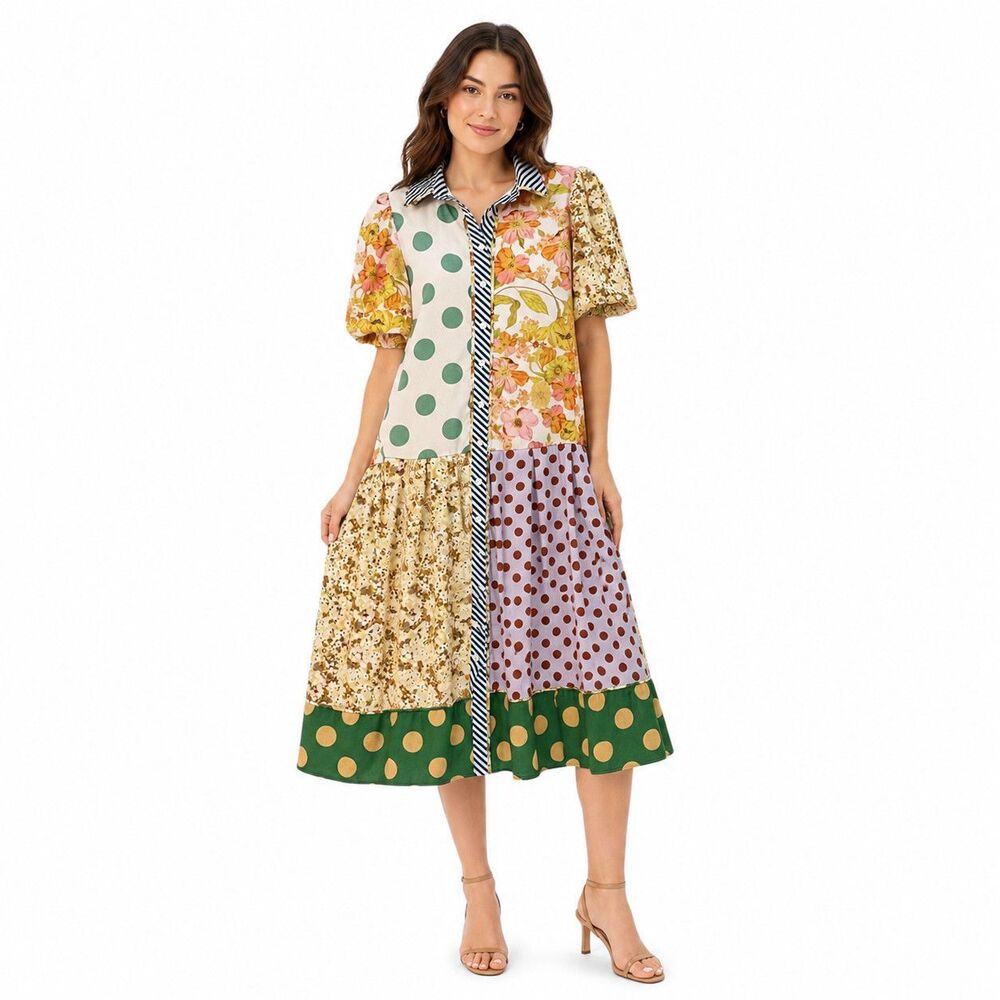 Beulahstyle Shirt Dress Womens Medium Multi Patchwork Puff Sleeve Midi Boho